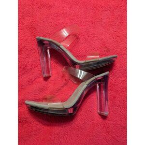 Steve Madden GLASSY Nude Clear Strap Lucite Block Heel Sandals 10M